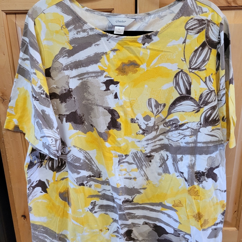 CJ Banks Yellow/Grey/White Shirt Women 2X
